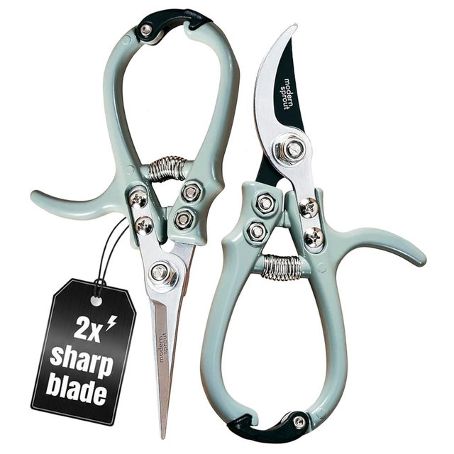 Modern Sprout Hand Pruners & Shears Set with Blister Pack - Lightweight Gardening Tools with Easy Lock - Sharp Carbon Steel Blades -Rust Resistant Scissors for Herbs, Flowers - Sage