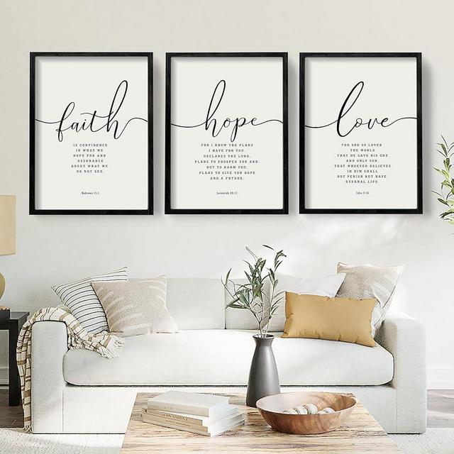 Houmury 3PCS Framed Faith Hope Love Bible Verses Wall Art Farmhouse Religious Quotes Wall Decor Inspirational Wall Art (Black, 16"x24")