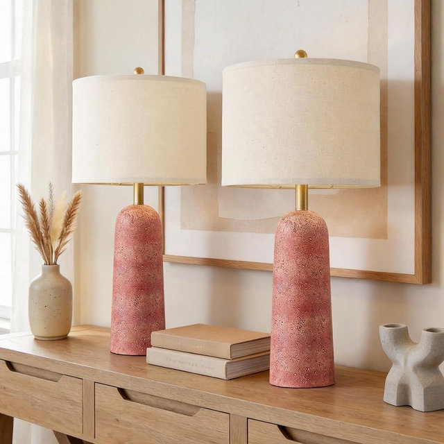 BOBOMOMO 27.25" Modern Table Lamp Set of 2, Red Resin Table Lamps with Stone Look, Lamps for Living Room with Linen Shades, Bedside Lamps for Bedroom Nightstand, Table Lamps for Living Room End Tables