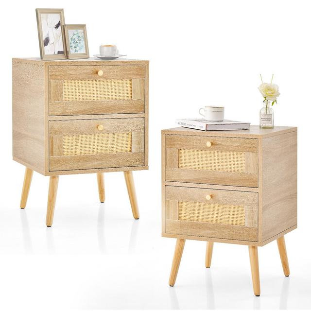 Costway 2 PCS Rattan Nightstand Boho Accent Bedside Table with 2 Storage Drawers Natural