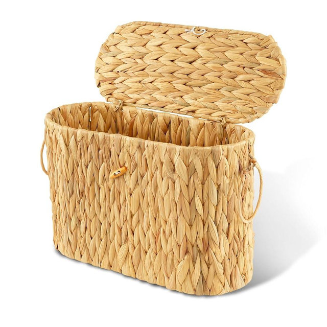 Cyrabota Toilet Paper Storage Basket, Water Hyacinth Toilet Paper Holder with Lid, Wicker Storage Basket with Built-in Handles for up to 6 Mega Rolls, Wicker Baskets Bathroom Accessories Organizer