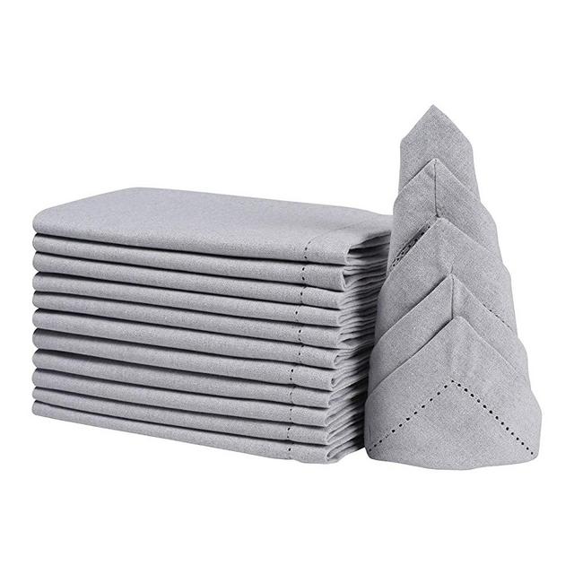 12 Pack 100% Cotton Cloth Dinner Napkins - 18x18 Inches, Generous Hemstich Tailored with Mitered Corners, Soft Absorbent Comfortable - Ideal for Events and Regular Home Use - Light Grey