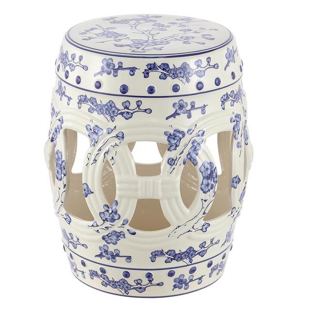 JONATHAN Y TBL1027A Lucky Coins 16" Chinese Ceramic Drum Garden Stool Bohemian, Coastal, Classic, Cottage, French Country, Traditional, Patio, Garden Room, Bathroom, Living Room, Blue/White