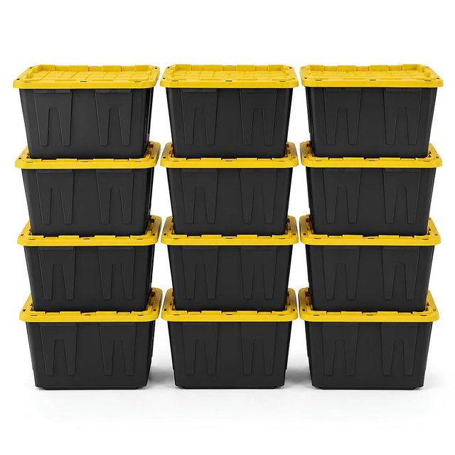 12-Pack Heavy Duty Storage Totes with Lids, 27 Gallon - Stackable Plastic Storage Bins, Industrial Organizer Containers for Garage, Closet, Basement, Office, Moving & Outdoor Storage