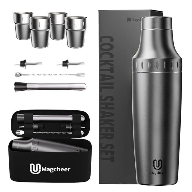 Magcheer Hybrid Cocktail Shaker Set with Stackable Cups | Vacuum Insulated Stainless Steel Martini Shaker & Bartender Tools | Travel-Ready Kit | 30oz | Gunmetal Gray