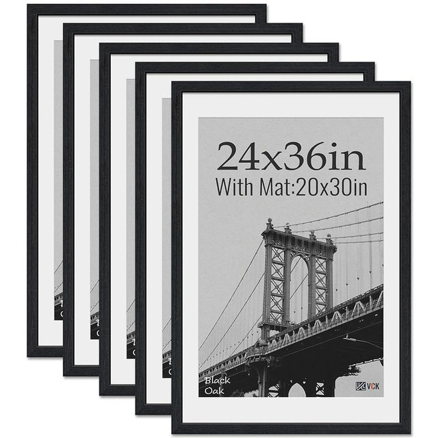 VCK 24x36 Poster Frame 5 Pack, Natural Wood Grain Black Oak, Display 20x30 Picture with Mat or 24x36 without Mat, Wall Hanging