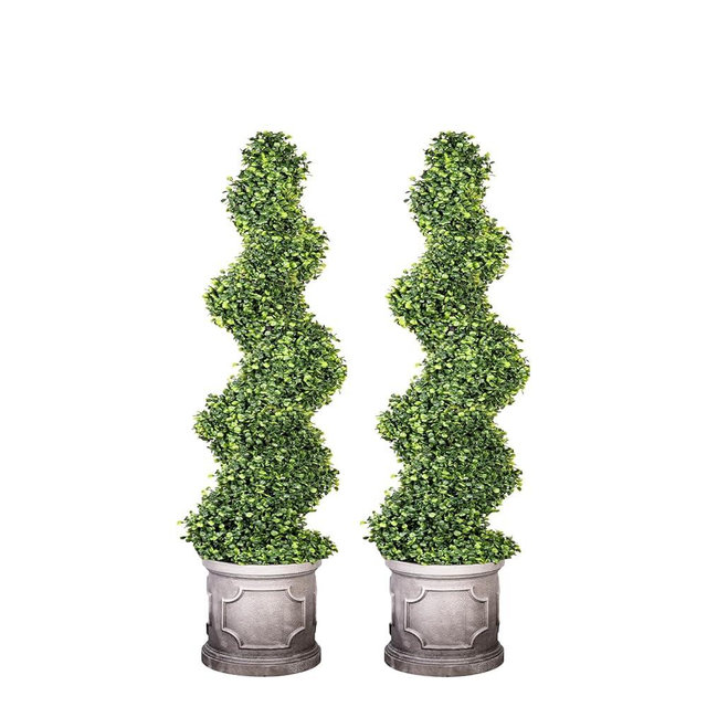 VIVATREES 3FT Artificial Spiral Boxwood Topiary Trees with Antique-White Roman-Style Planter - Outdoor&Indoor Year-Round Garden, Porch, Entryway Decor (2 Pack)