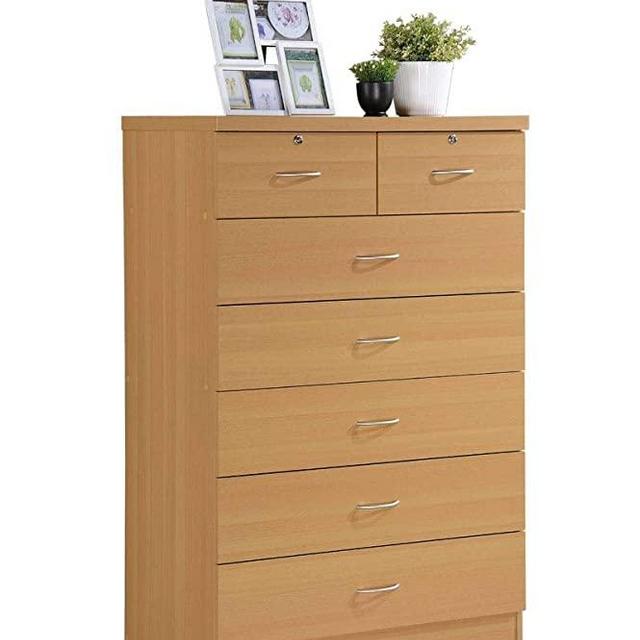 Hodedah 7 Drawer Chest, Five Large Drawers, Two Smaller Drawers with Two Locks, Beech