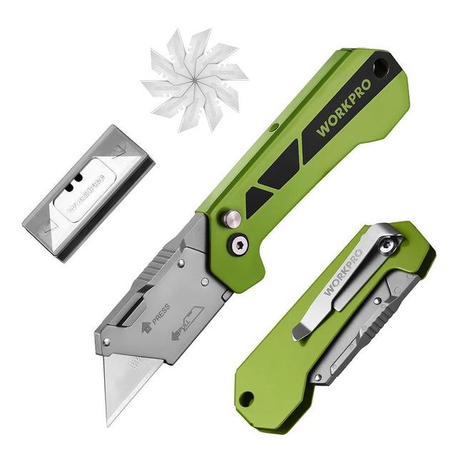 WORKPRO Box Cutter, Utility Knife Quick Change Blade Razor Knife, Folding Pocket Knife with Belt Clip and Axis Lock, 10 Extra Blades Included, Green