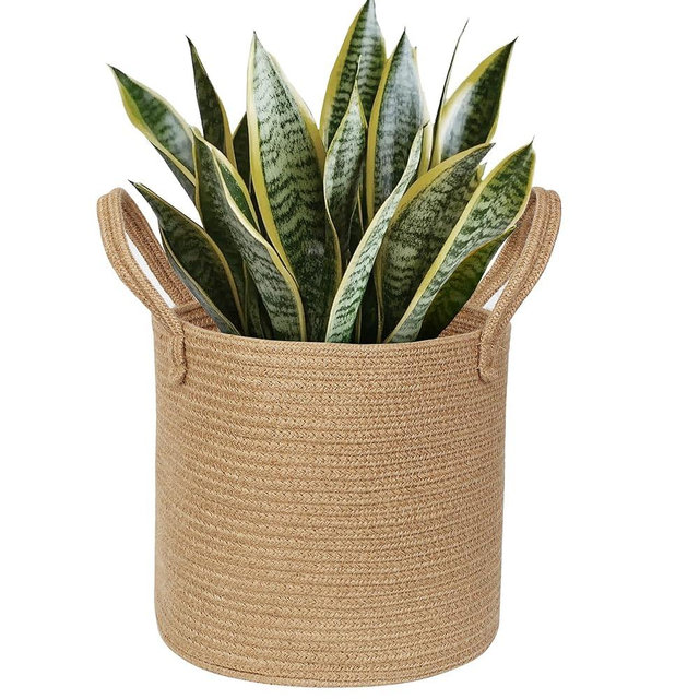 WILLITAT Round Wicker Basket with Handle, 11"x11" Woven Jute Plant Basket for 10" Pot, Indoor Boho Tree Planter, Decorative Flower Pot Cover, Rustic Holder for Plants and Decor, Shoe Bin for Entryway