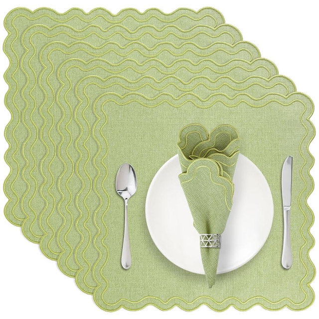 Set of 6 Sage Green Embroidered Cocktail Napkins 16 Inch Scalloped Cloth Napkins Cotton Linen Coasters Washable Dinner Napkin Table Decor for Weddings Baby Shower Bachelorette Party Supplies