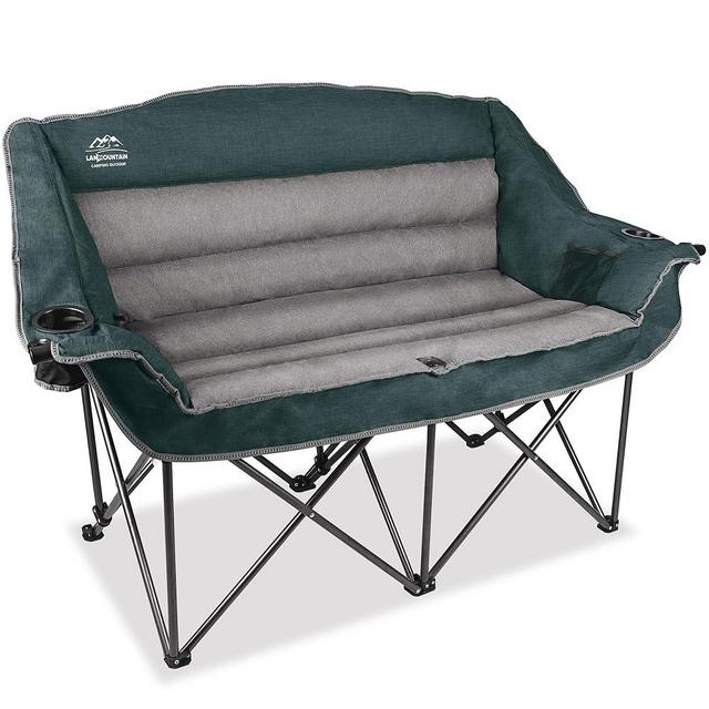 LANMOUNTAIN Fully Padded Folding Double Camping Chairs,Comfy Oversized Loveseat Lawn Chair w/Wine Glass Holder,Cup Holder,Heavy Duty Outdoor Portable Camp Couch Support 600 Lbs,Dark Green