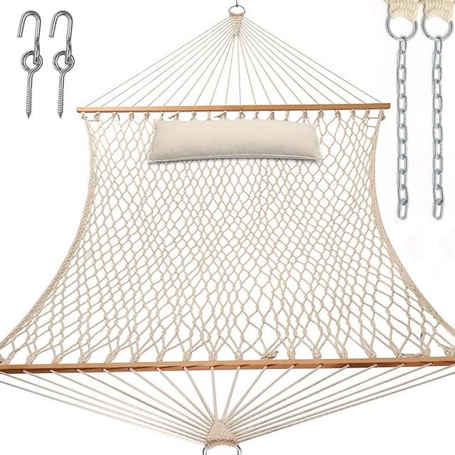 Y- STOP 13.2FT Hammocks,Traditional Cotton Rope Hammock with Chains and Hooks for Outdoor,Indoor,Patio Yard,Double Solid Wood,for Two Person,Max 440 Lbs(Natural)