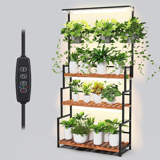 Nedechom Hanging Plant Stand with Grow Light, 3 Tier Metal Plant Stand for Indoor Plants Multiple, Large Plant Shelf Display Holder, Ladder Shape Plant Rack for Living Room, Patio, Balcony
