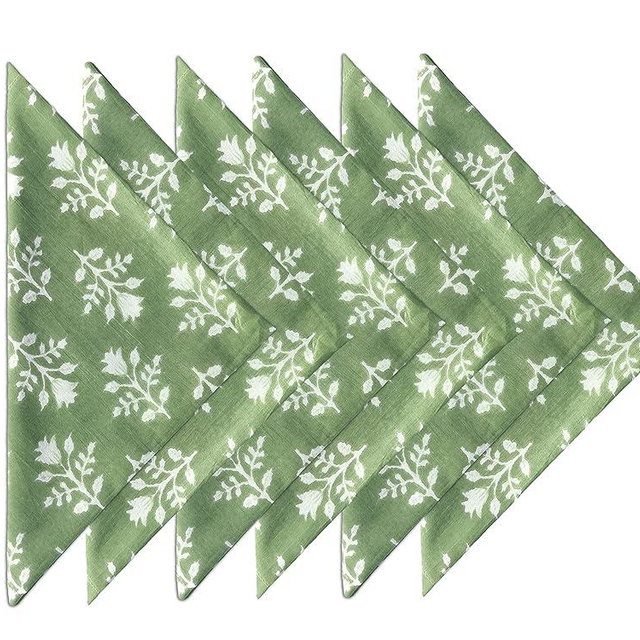 Craftbot Soft Cotton Dinner Napkins 18x18 inches - Washable Thin Cloth Napkins Set of 6 - Everyday Use or Dinner Party and Events - Sage Green Floral Pattern Lightweight Indian Block Print Fabric