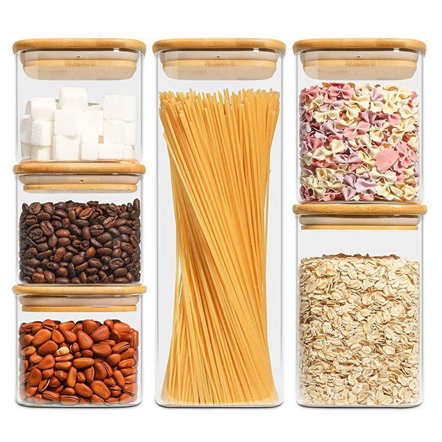 KTMAMA Glass Square Food Storage Container With Airtight Bamboo Lid, Set of 6 Stackable Kitchen Pantry Clear Canisters For Cookie, Candy, Sugar, Coffee Bean, Pasta, Nuts (18oz/27oz/37oz/71oz)