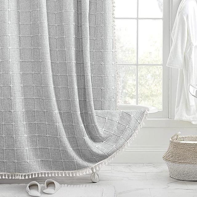 Gray Shower Curtain for Bathroom Modern Farmhouse Rustic Tassel Linen Shower Curtain 72 X 72 Inches Grey Wrinkle Free & Heavy Duty & Waterproof Fabric