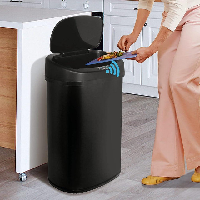 Haiput Wam Kitchen Trash Can, 13 Gallon Automatic Can with Lid and Motion Sensor Home Office Bedroom Bathroom Living Room, Garbage Touchless Stainless Steel BLACK, 17.3 x 13 x 23.6