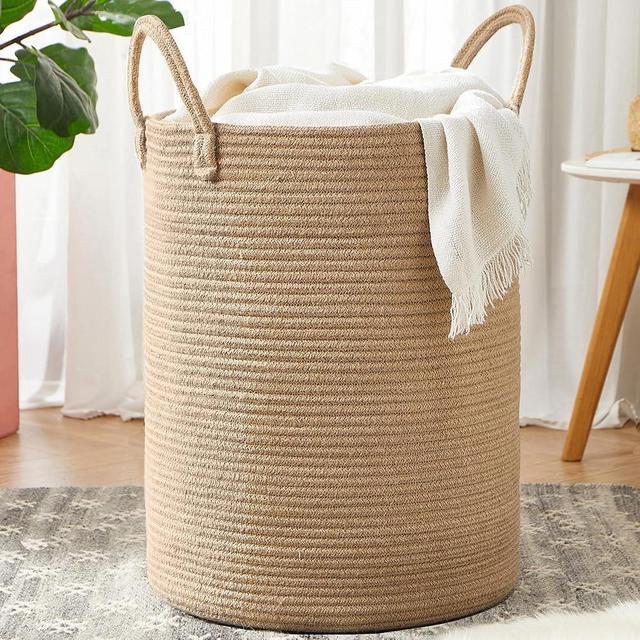 MOJOSCEND 80L Extra Large Jute Woven Rope Laundry Basket Tall Wicker Clothes Hamper for Baby Nursery Kids Blanket Basket in Living Room Bedroom