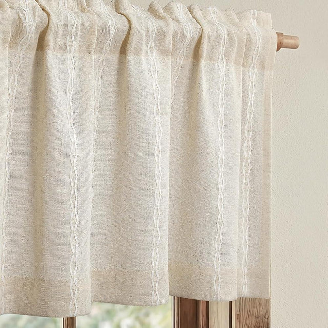 XOGUIBO Boho Kitchen Valance for Windows, Beige Linen Blend Textured Fabric with Cotton Embroidery Vintage Western Rustic Style Light Filtering Rod Pocket Window Treatment, 52 x 18 Inch, 1 Panel