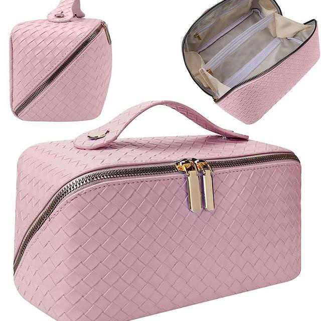 XASRVIR Makeup Bag, Travel Makeup Bag, Leather Waterproof Makeup Bag, Portable flat Large Opening Makeup Bag,Multifunctional Storage Travel Toiletry Bag Skincare Bag (Woven-Pink)