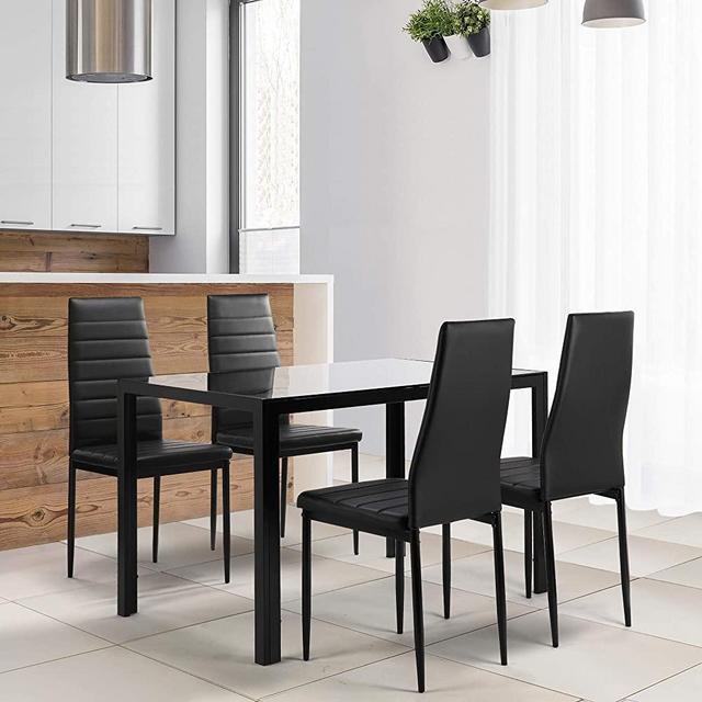 MIYACA 5 Pieces Dining Table Set, Kitchen Room Set with Glass Table and 4 Faux Leather Chairs, Perfect for Dining Room Kitchen Dinette Space, Black