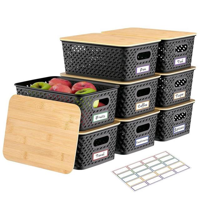 Anysig 8 Packs Plastic Storage Bins with Bamboo Lids - Stackable Storage Bins Decorative Small Basket Containers for Organizing Shelves Office Classroom Desktop Closet, Black