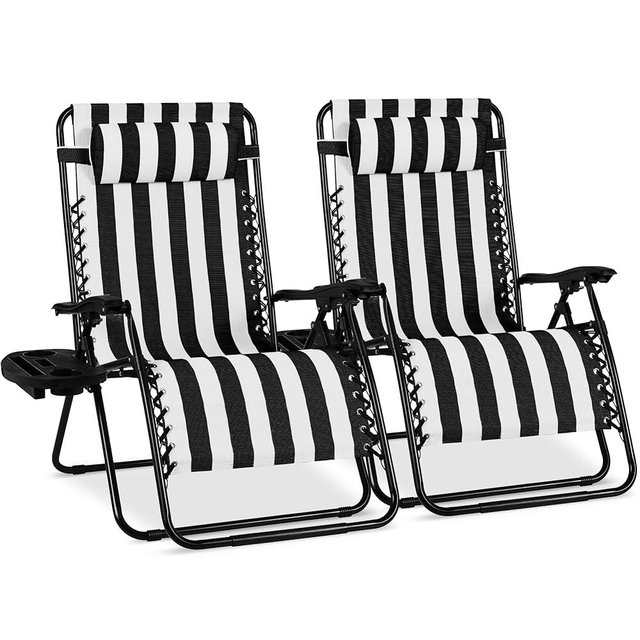 Best Choice Products Set of 2 Extra Wide Adjustable Steel Mesh Zero Gravity Lounge Chair Recliners w/Pillows and Cup Holder Trays - Black Stripes