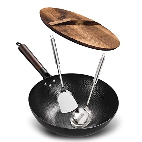 Anyfish Carbon Steel Wok Pan - 12.5" Woks and Stir Fry Pans with Lid, No Chemical Coated Chinese Wok, Flat Bottom Wok with Lid Spatula Ladle for All Stoves