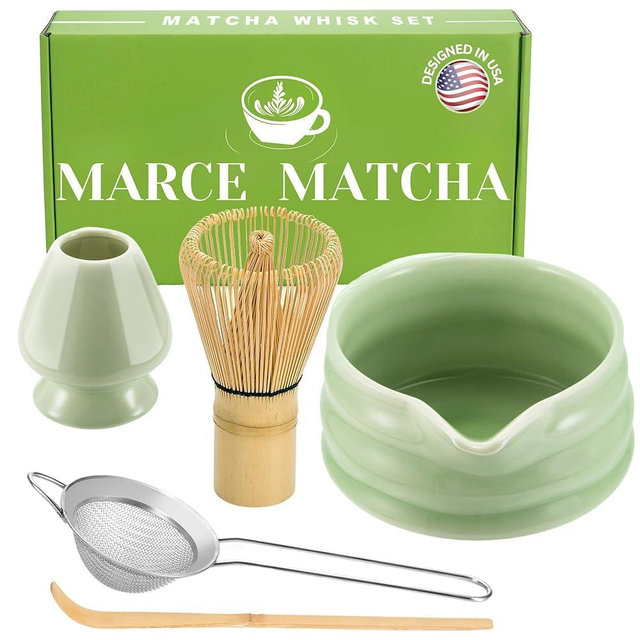 Marce Matcha Whisk Set- Matcha Bowl with Spout, Matcha Whisk, Matcha Sifter, Matcha Whisk Holder, Matcha Spoon- The Perfect Matcha Kit for Matcha Tea Ceremony (5pc) (Green)