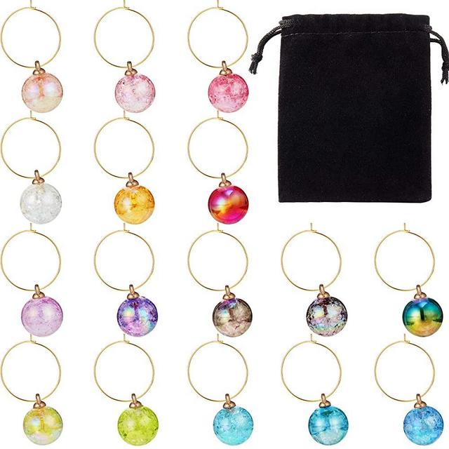 Beaded Wine Charms Set Swirl Glass Markers Tags, Includes 16 Pieces Beads, 32 Pieces Rings and 2 Pieces Velvet Bags for Party Favors Family Gathering
