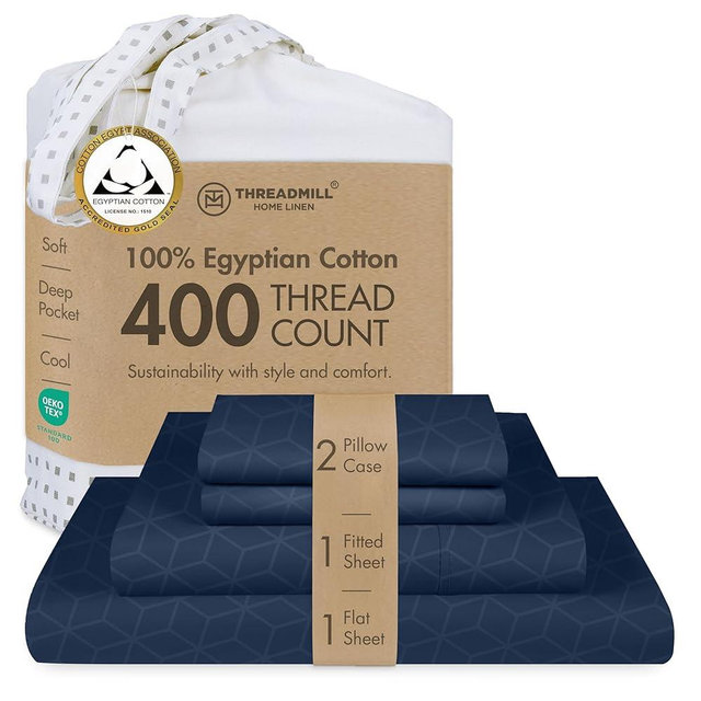 Threadmill Egyptian Cotton Queen Sheet Set | 100% Certified Egyptian Cotton Bed Sheets for Queen Size Bed | Queen Sheet Set with Deep Pocket | Soft Cooling Damask Jacquard Bedding Set | Folkstone Blue