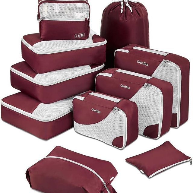 ALL INCLUDED 10 Set Durable Packing Cubes for Suitcases,OlarHike Travel Essentials,UPGRADED Anti-Tear Stitching, NEW Improved Luggage Packing Organizers for Travel Accessories(Burgundy)