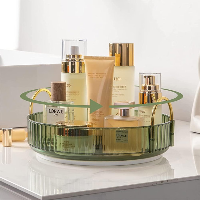 Shuang Qing Lazy Susan Rotating Makeup Organizer for Vanity, High-Capacity Skincare Clear Make Up Storage Perfume Organizers Cosmetic Dresser Organizer Countertop 360 Spinning（1 Tier-Green）