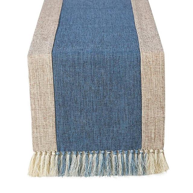 Chassic 15 x 90 inch Rustic Burlap Woven Boho Table Runners Linen with Handmade Fringe, Village Farmhouse Dining Room Dresser Decor - Blue