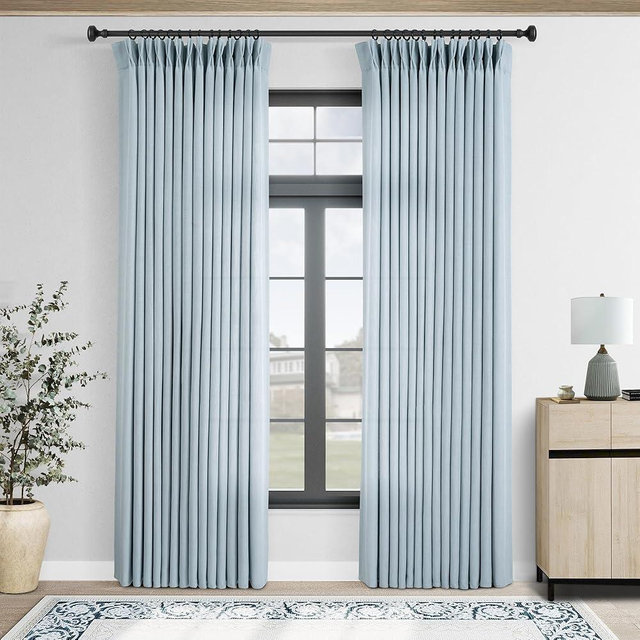 Light Blue Pinch Pleated Linen Curtains 108 inches Long with Clips and Hooks for Boys Bedroom Elegant Neutral Farmhouse Dusty Blue Semi Sheer Pleat Drapes Living Room 40"x108" 2 Panels Grey Blue