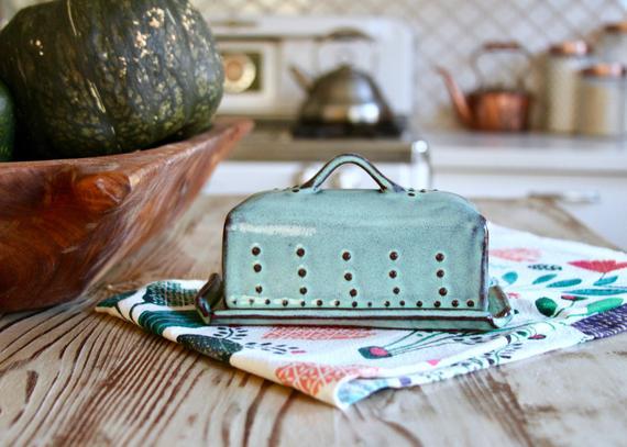 Covered Butter Dish with Lid - Rustic Aqua Mist - French Country Home Decor
