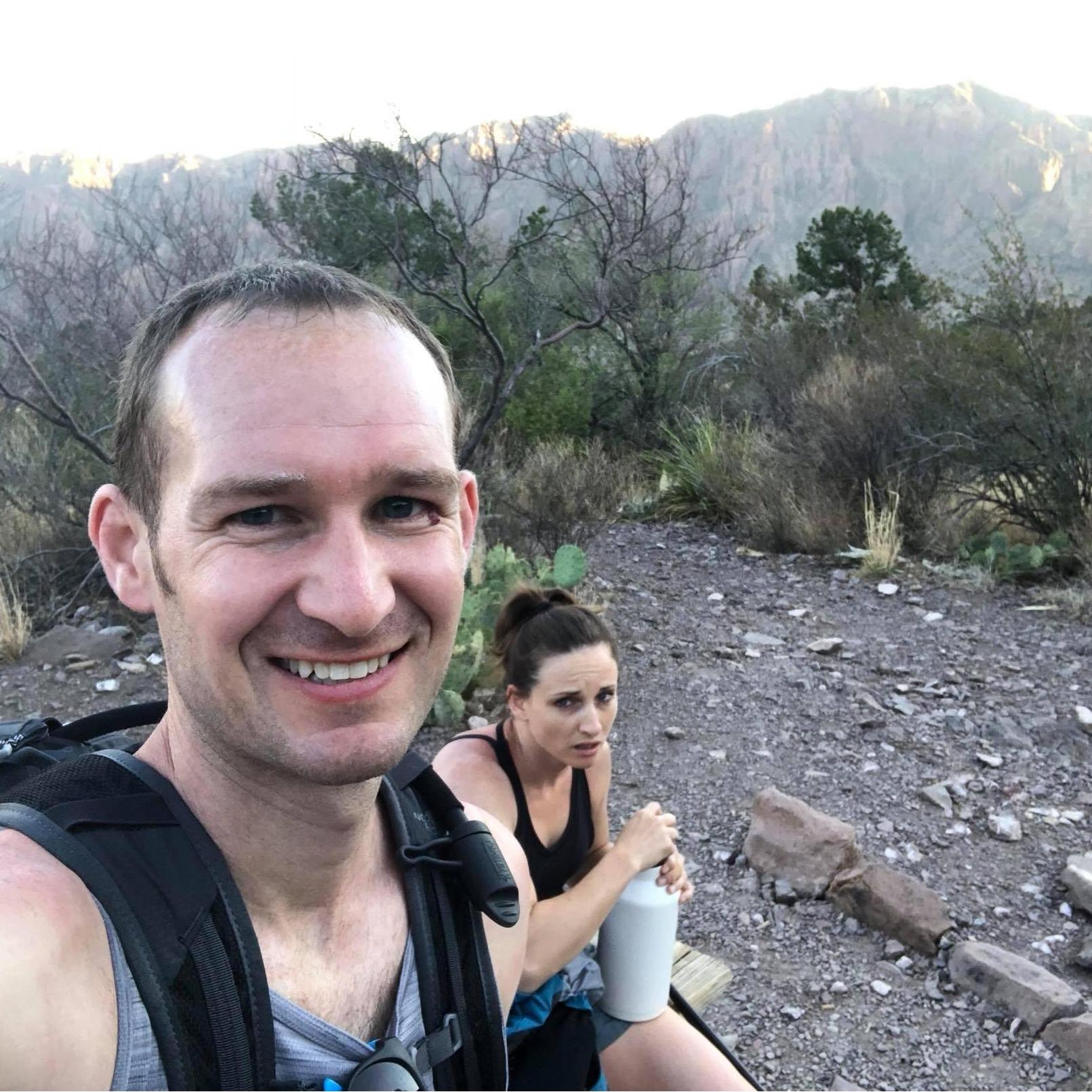 May 2018: Austin's favorite picture of us, me dying from hiking up Emory Peak in Big Bend NP