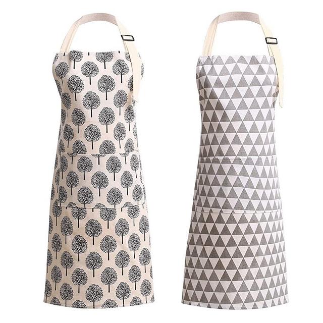 Tosewever 2 Pieces Cotton Linen Waterproof Bib Apron with 2 Pockets - Long Ties Adjustable Neck Strap - Unisex Cooking Kitchen Decorative Pattern Aprons for Women Chef (Triangle/Tree, 2)