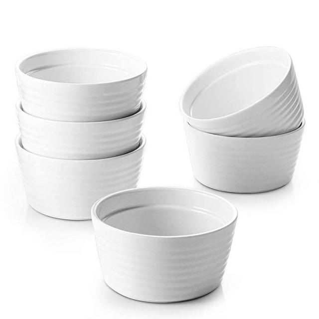 DOWAN Ramekins 8 oz Oven Safe, Porcelain Ramekins Souffle Dish, Creme Brulee Ramekins, White Ramekins for Baking, Stackable Ramekin for Pudding, Spinach Souflees, Set of 6