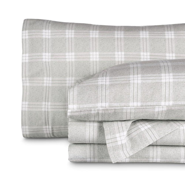 Bare Home Cotton Flannel Sheet Set Prints, 100% Cotton, Velvety Soft Heavyweight - Double Brushed for Softness & Comfort - Deep Pocket - Bed Sheet (Queen, Checkered Plaid - Light Grey)