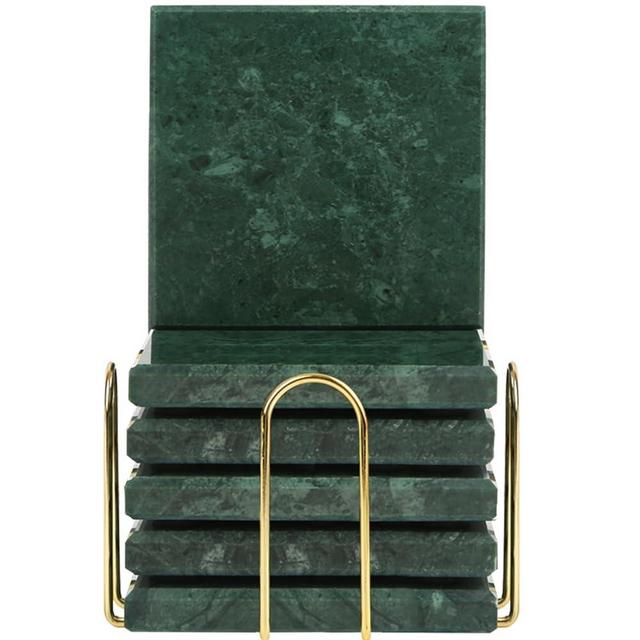 TransMarble Square Marble Coasters Set of 6pcs for Drinks with Metal Stand for High-End Lifestyle (Emerald Green)