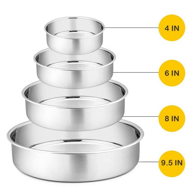 Cake Pan Set - 4”, 6”, 8”, 9.5”, P&P CHEF 4 Piece Round Baking Cake Pans Tin Stainless Steel, Oven/Pot/Dishwasher Safe, Heavy Duty & Non Toxic, Mirror Finish & Easy Clean