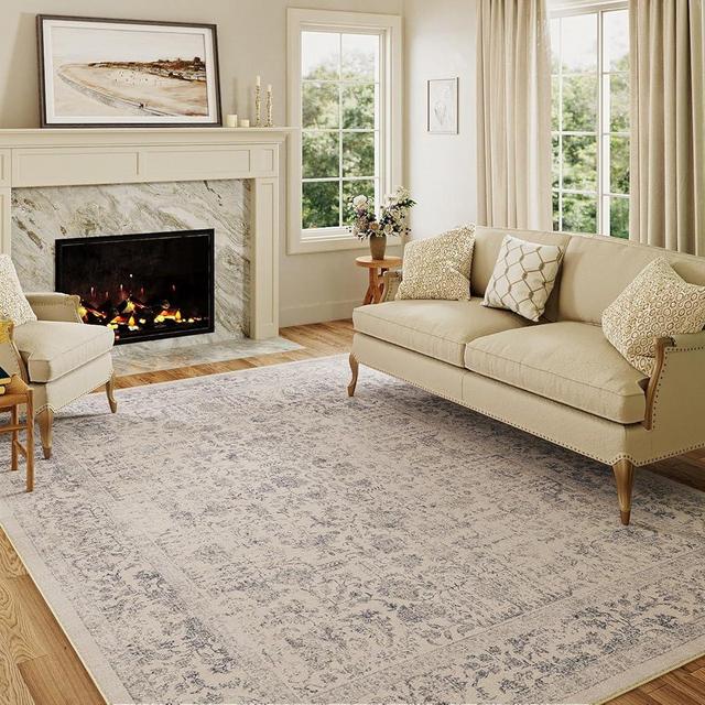 PureCozy Blue Area Rug 5x7 Indoor Vintage Living Room Carpet Kitchen Washable Distressed Rug Floral Bedroom Rug Retro Accent Throw Rug for Office Dining Room Bathroom
