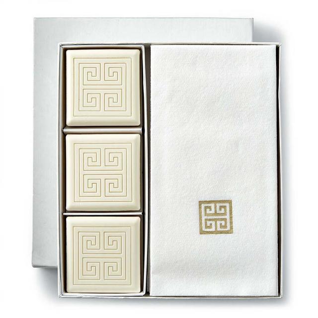 Greek Key Soap and Towel Gift Set, Aqua Mineral, Gold