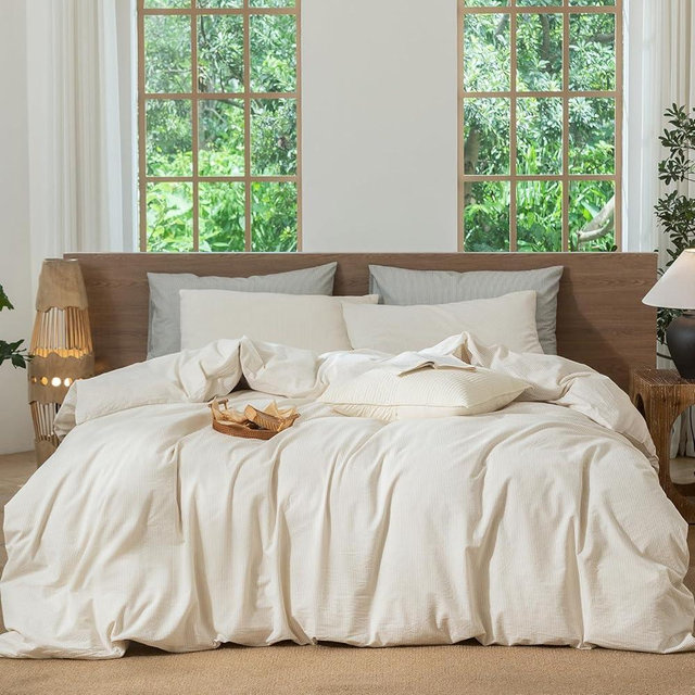 MooMee Striped Duvet Cover Set 100% Washed Cotton Linen Like Textured Breathable Durable Soft Comfy (Almond Milk Grey Pinstripes, King 104"x90")