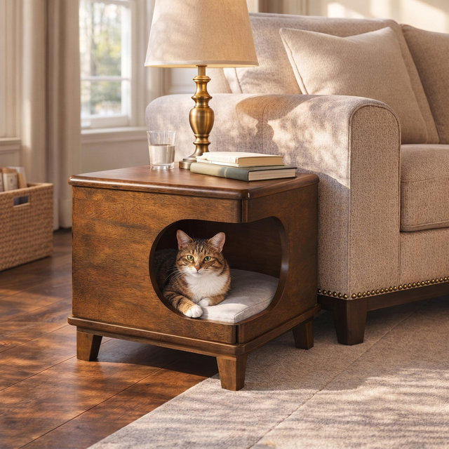 Christopher Knight Home Fernhaven Modern Rubberwood Cat House with Cushion, Walnut/Beige