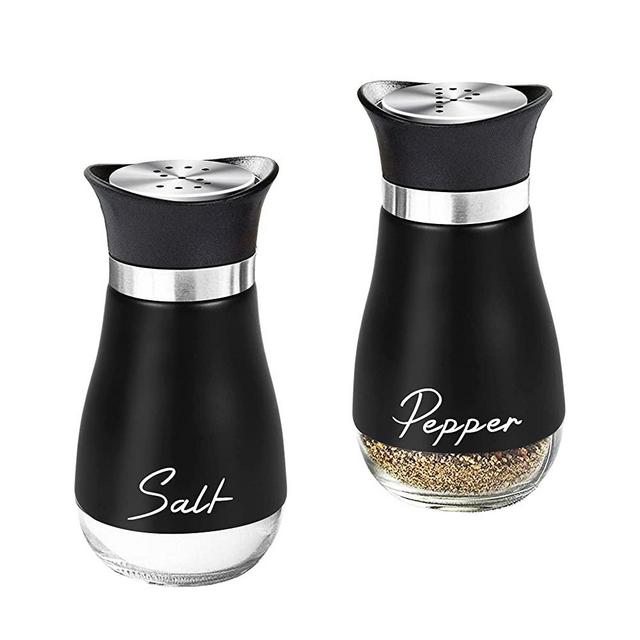Salt and Pepper Shakers Set,4 oz Glass Bottom Salt Pepper Shaker with Stainless Steel Lid for Kitchen Cooking Table, RV, Camp,BBQ Refillable Design (Black)