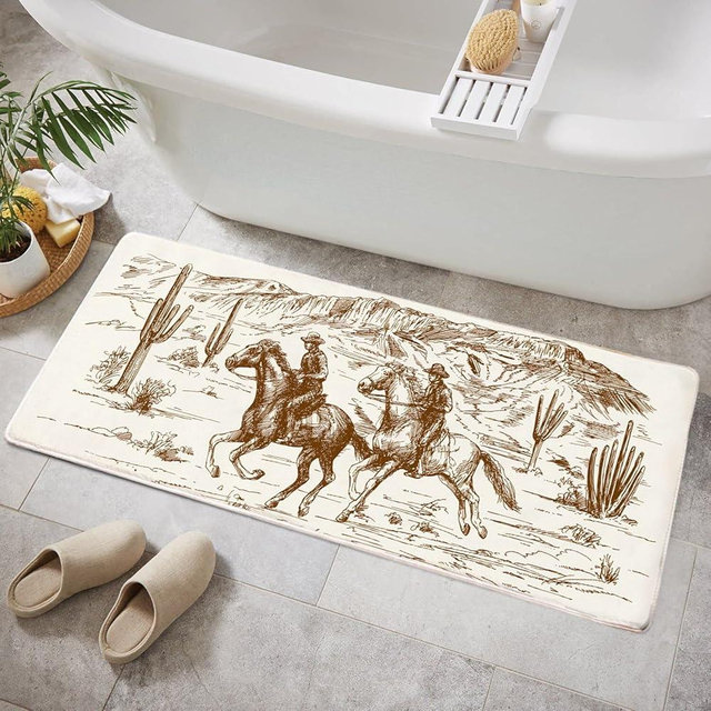BBSET Wild Western Bathroom Rug 16"x47" Long Runner Non Slip Horse Bath Mat, Soft Plush Microfiber Rug, Quick-Dry Ultra-Absorbent Bath Rugs for Farmhouse Decor, Machine-Washable & Durable