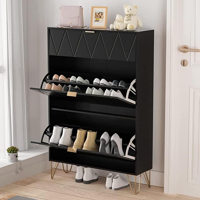 UEV Shoe Cabinet,Freestanding Shoe Rack Storage Organizer with Drawers & Metal Legs,Modern Shoe Storage Cabinet with 3 Flip Drawers for Entryway (Black)
